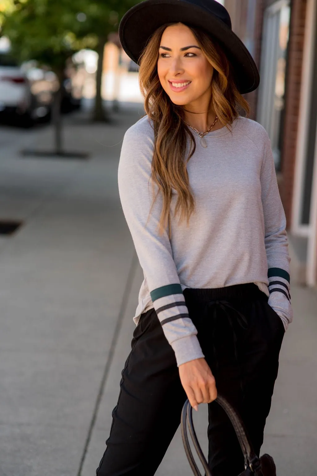 Stripe Accent Heathered Long Sleeve Tee