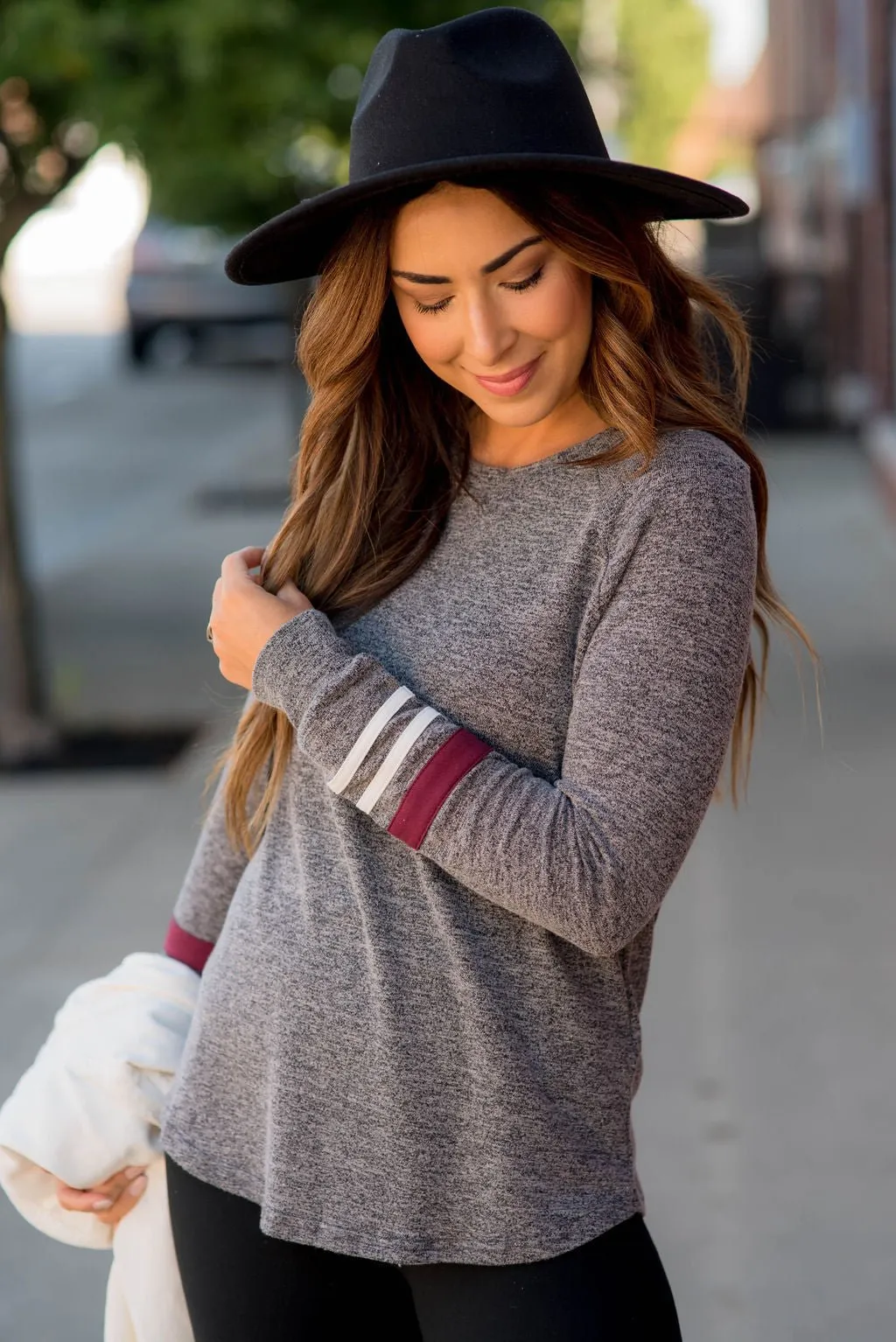 Stripe Accent Heathered Long Sleeve Tee