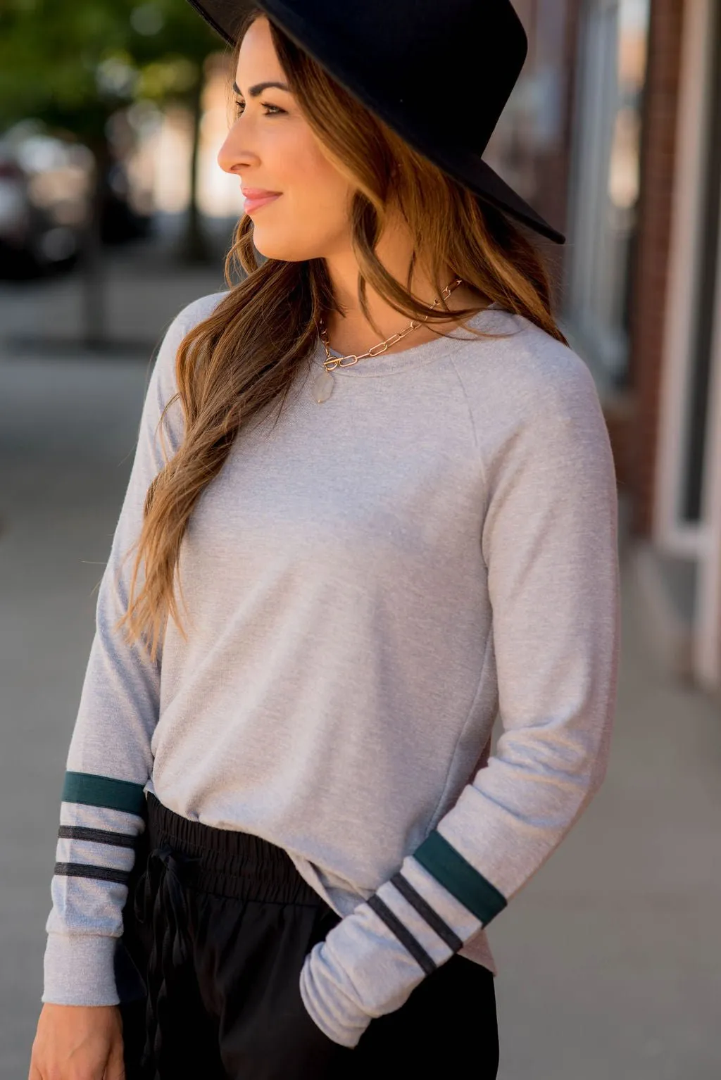 Stripe Accent Heathered Long Sleeve Tee