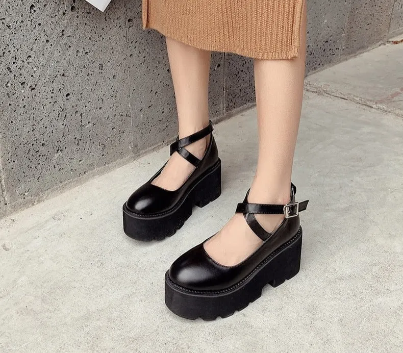 Thanksgiving  Amozae  College Student Shoes Girl LOLITA Shoes JK Uniform PU Leather Platform Heels Ankle Strap Womens Pumps 2022 New Spring