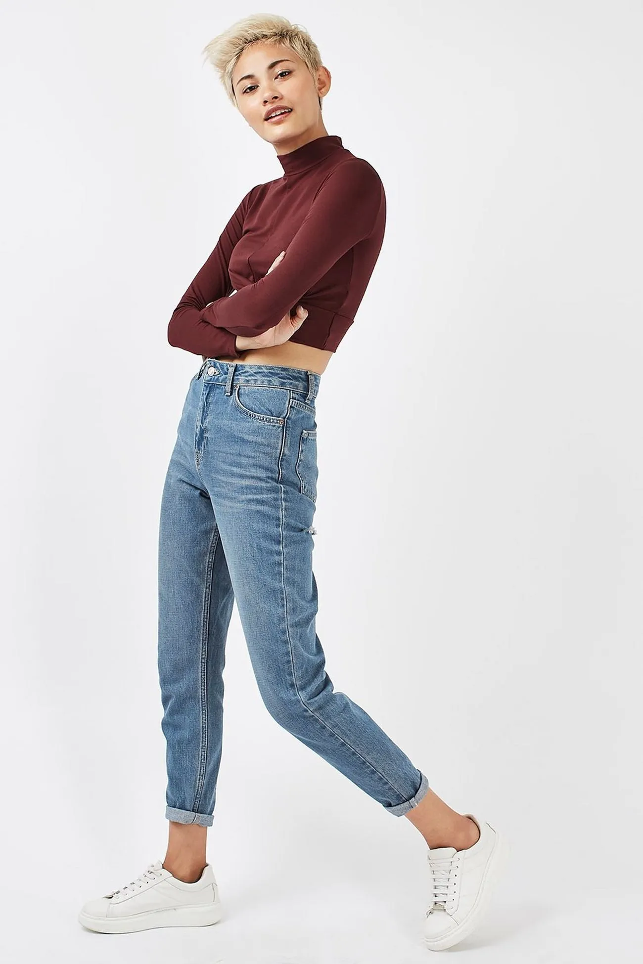 Topshop Petite Womens Wine Long Sleeve Twist Front Crop Top