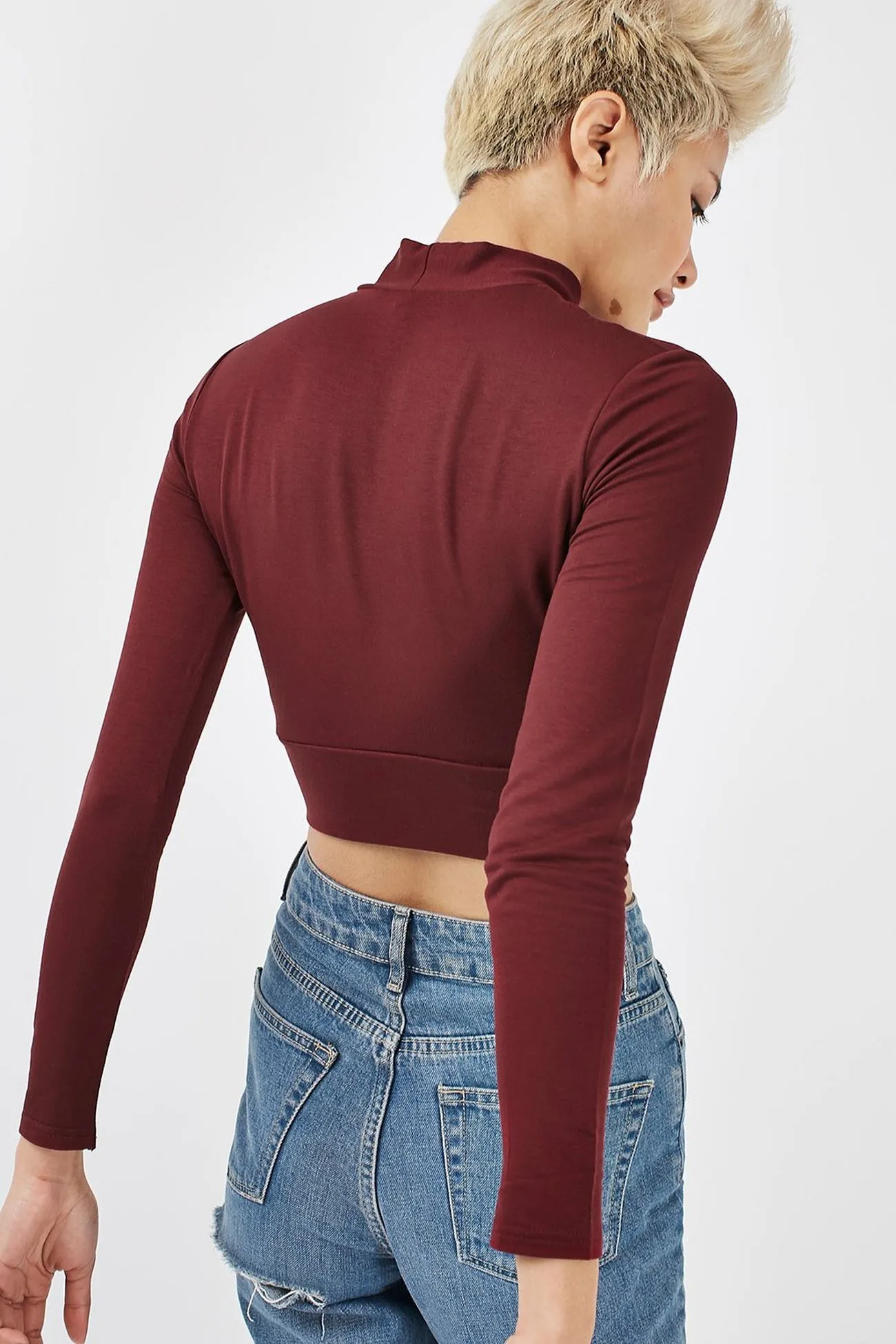 Topshop Petite Womens Wine Long Sleeve Twist Front Crop Top