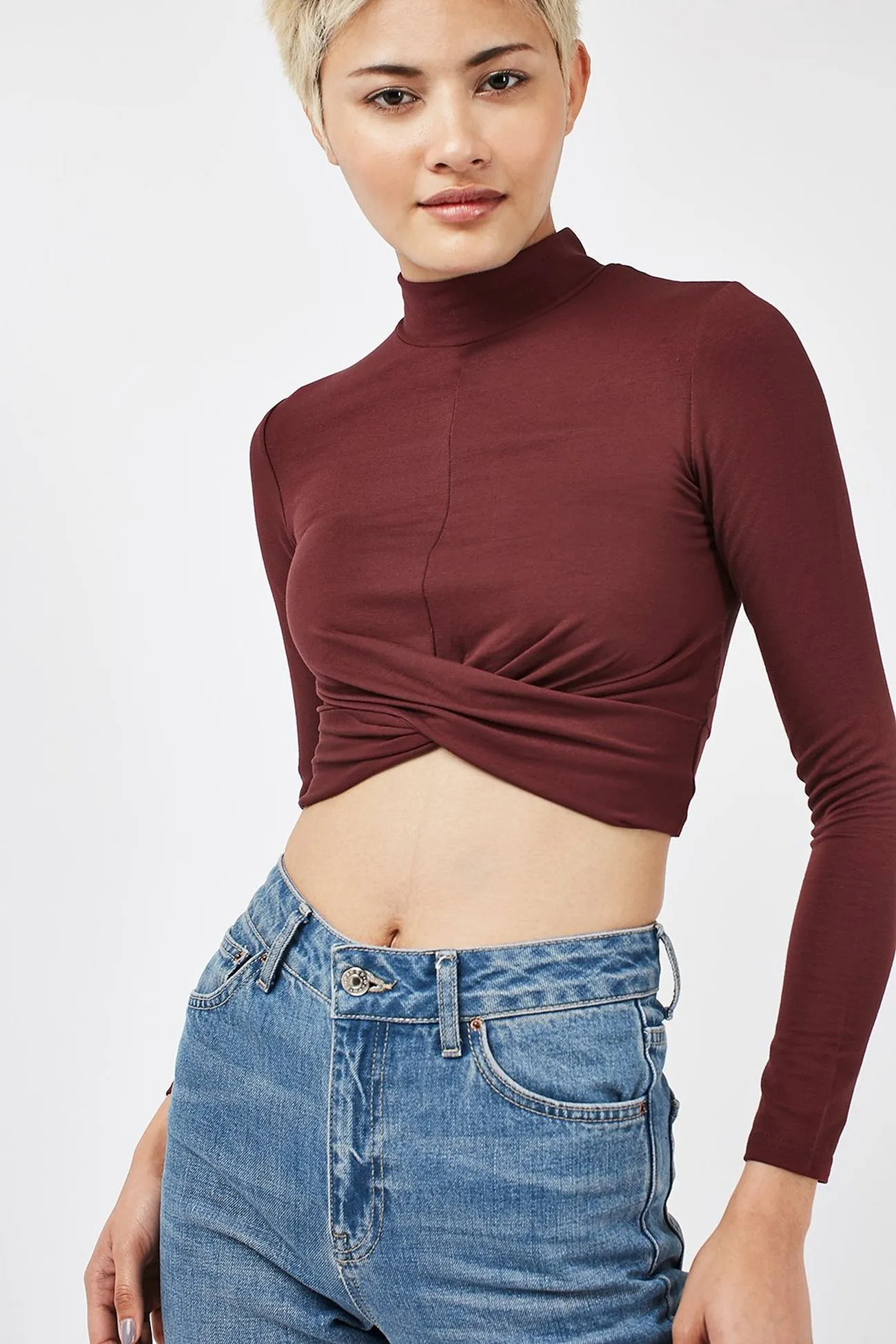 Topshop Petite Womens Wine Long Sleeve Twist Front Crop Top