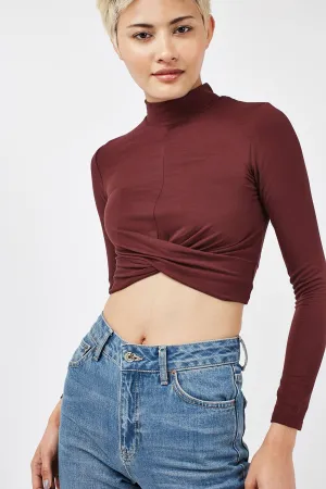 Topshop Petite Womens Wine Long Sleeve Twist Front Crop Top