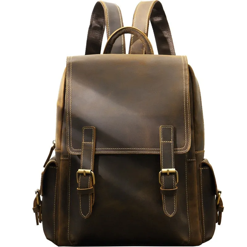 Unisex Vintage Genuine Leather Crazy Horse Daypack Designer Backpack