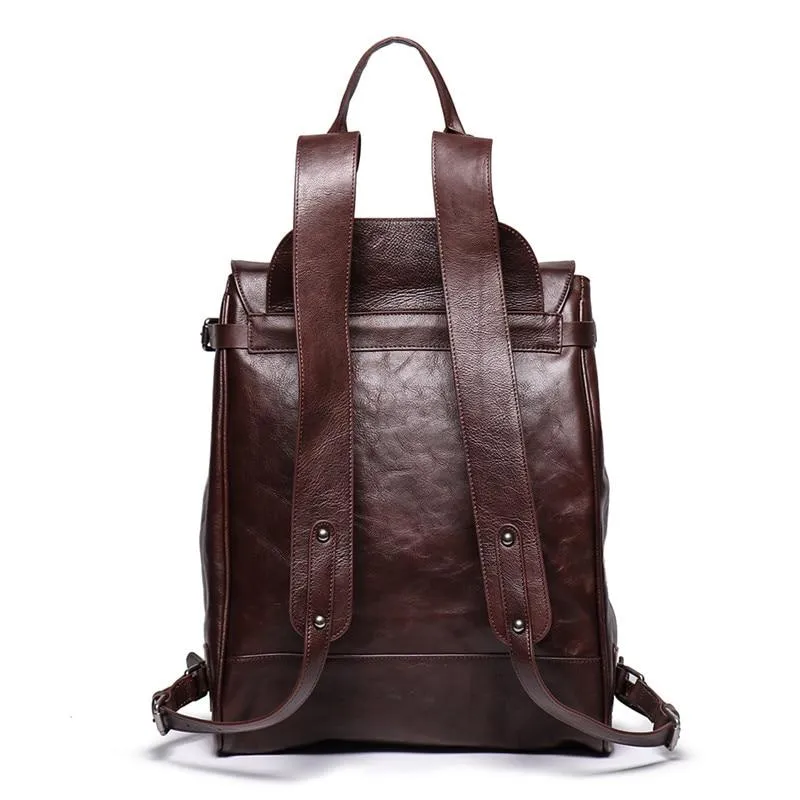 Vintage Unisex Brown Coffee Genuine Leather 14'' 15.6'' Laptop Backpack