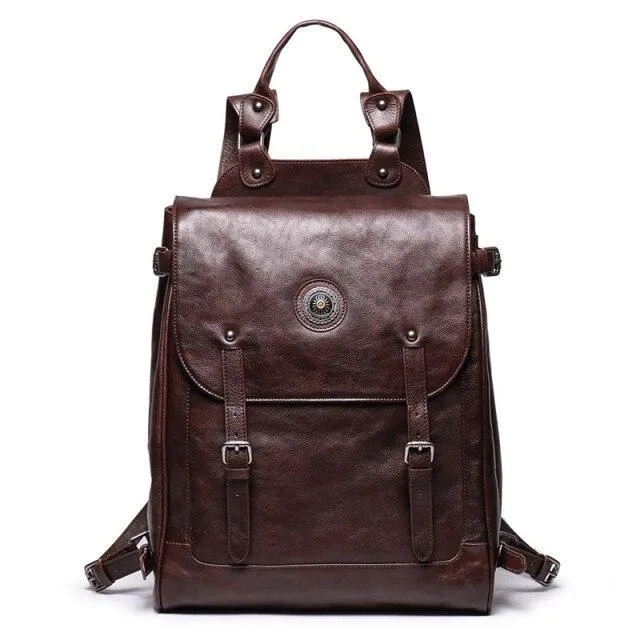 Vintage Unisex Brown Coffee Genuine Leather 14'' 15.6'' Laptop Backpack