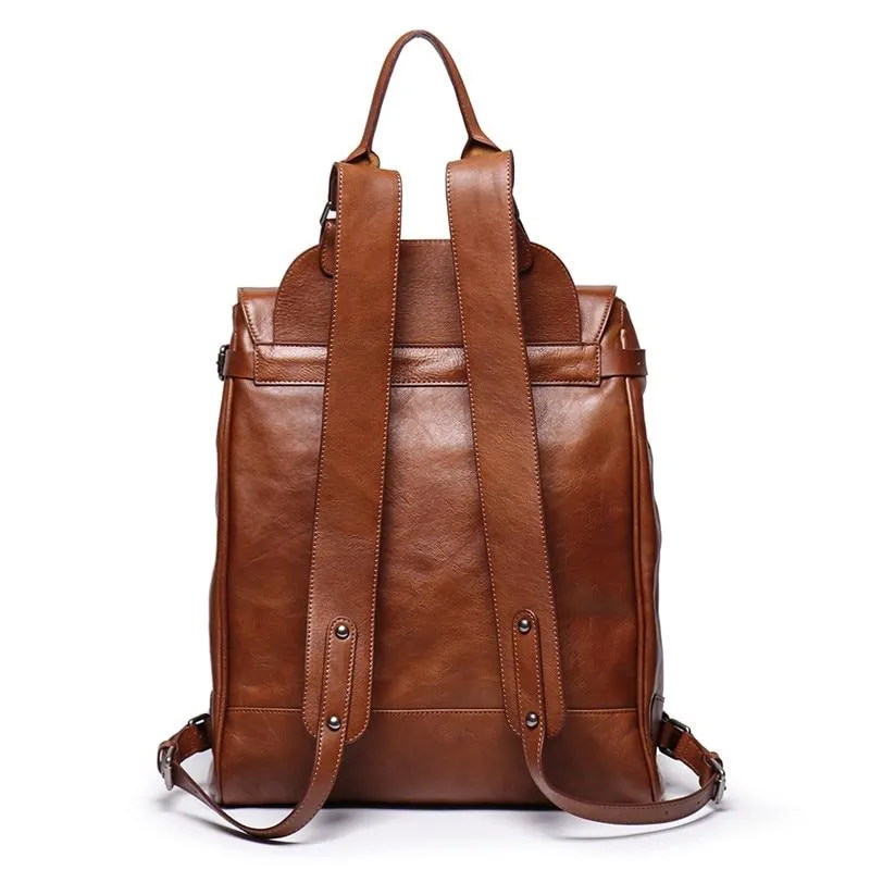 Vintage Unisex Brown Coffee Genuine Leather 14'' 15.6'' Laptop Backpack