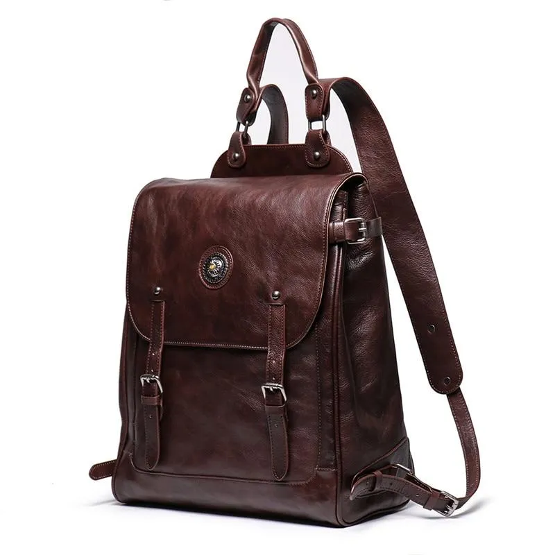 Vintage Unisex Brown Coffee Genuine Leather 14'' 15.6'' Laptop Backpack