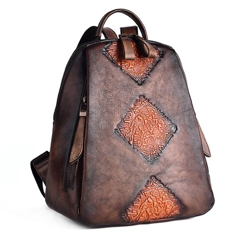 Vintage Women's Embossed Pattern Solid Genuine Leather Travel Backpack