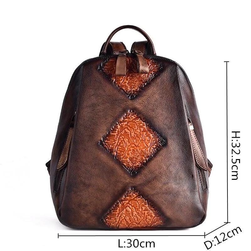 Vintage Women's Embossed Pattern Solid Genuine Leather Travel Backpack