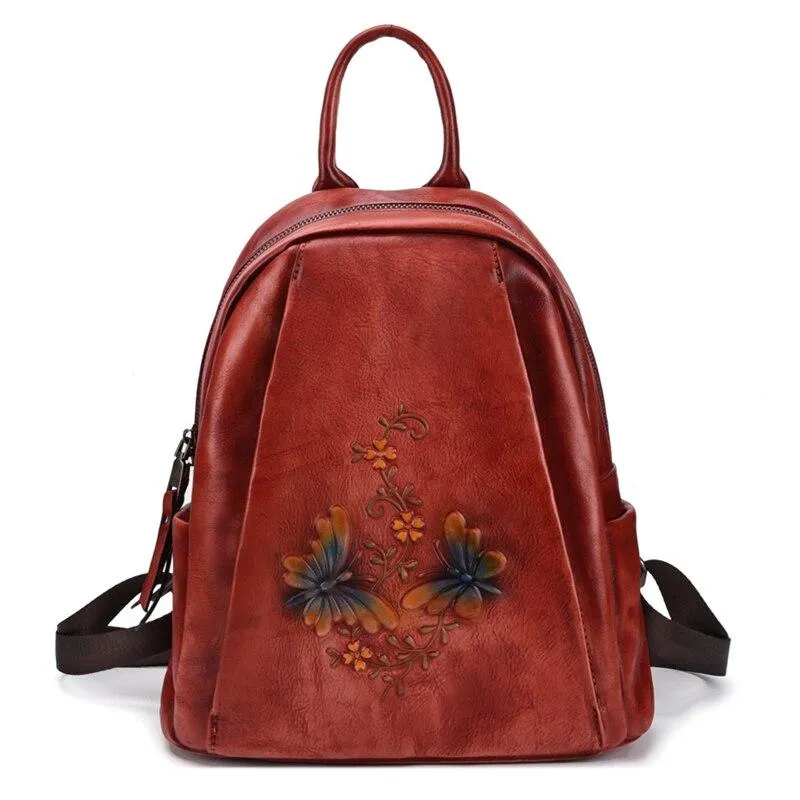 Vintage Women's Genuine Leather Flower Design Zipper Travel Bag Backpack