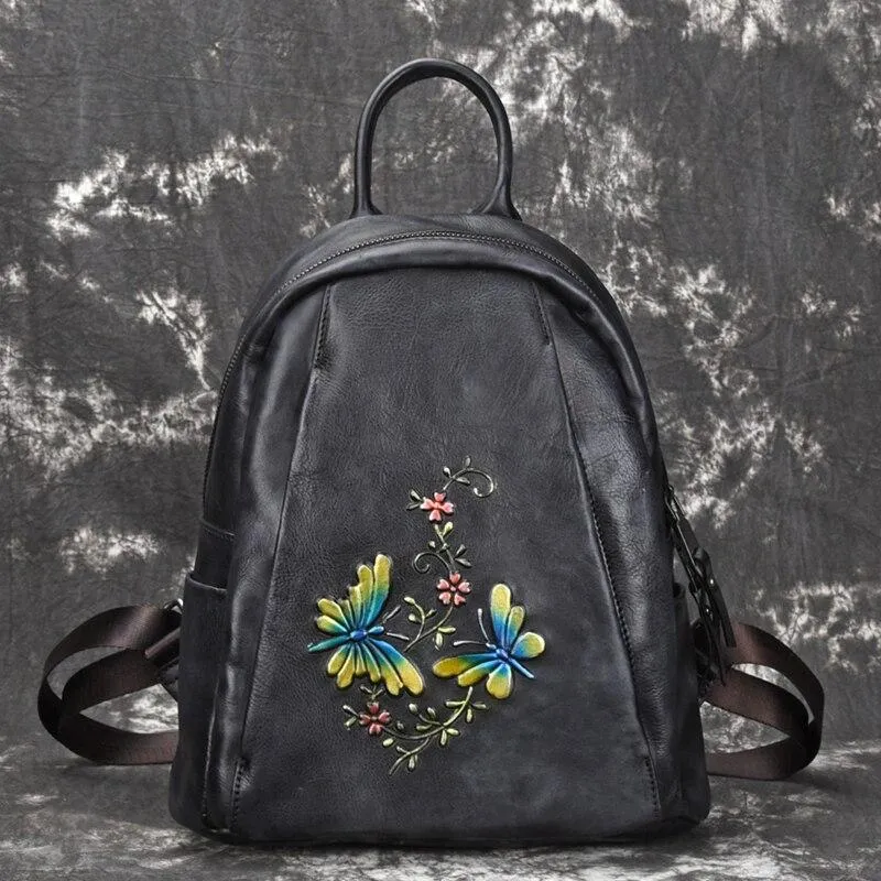 Vintage Women's Genuine Leather Flower Design Zipper Travel Bag Backpack