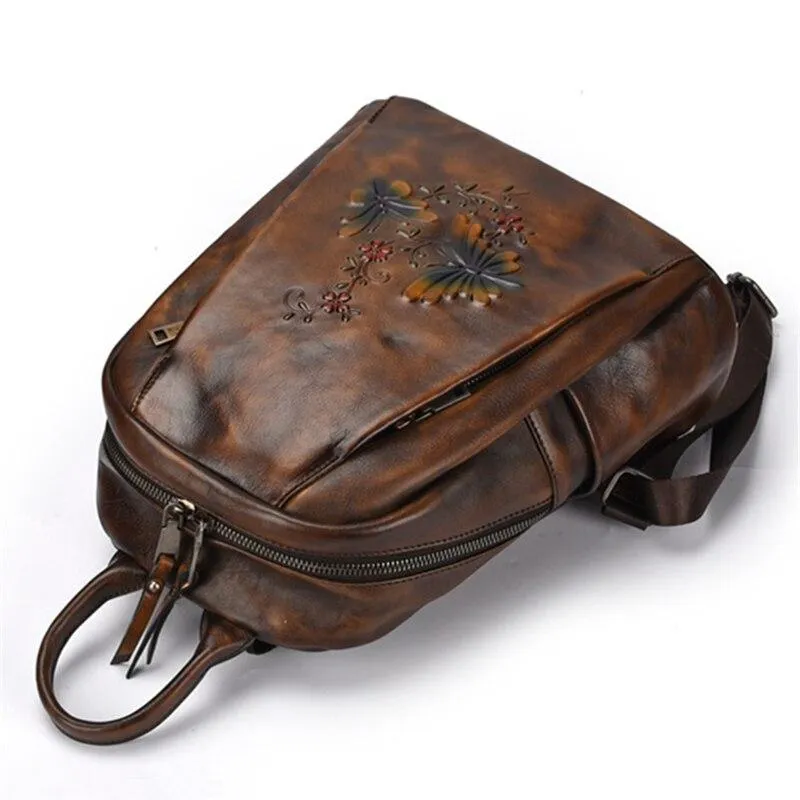 Vintage Women's Genuine Leather Flower Design Zipper Travel Bag Backpack