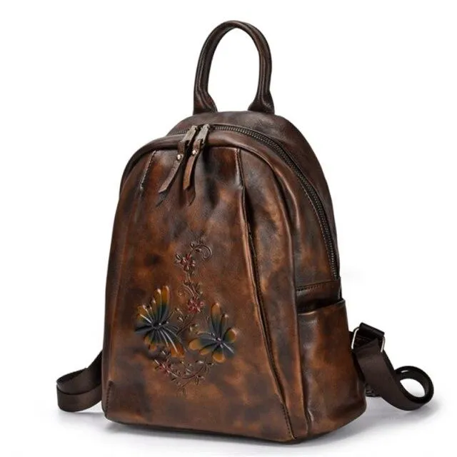 Vintage Women's Genuine Leather Flower Design Zipper Travel Bag Backpack