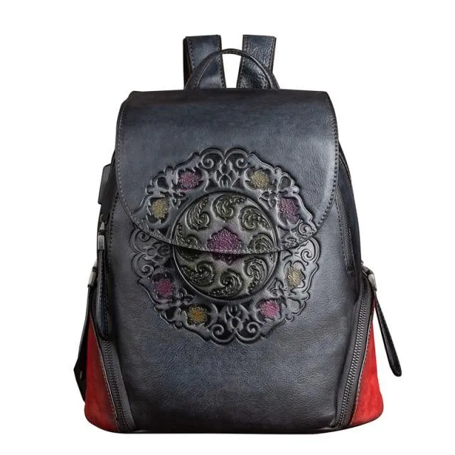 Vintage Women's Genuine Leather School Bag Backpack with USB Charging