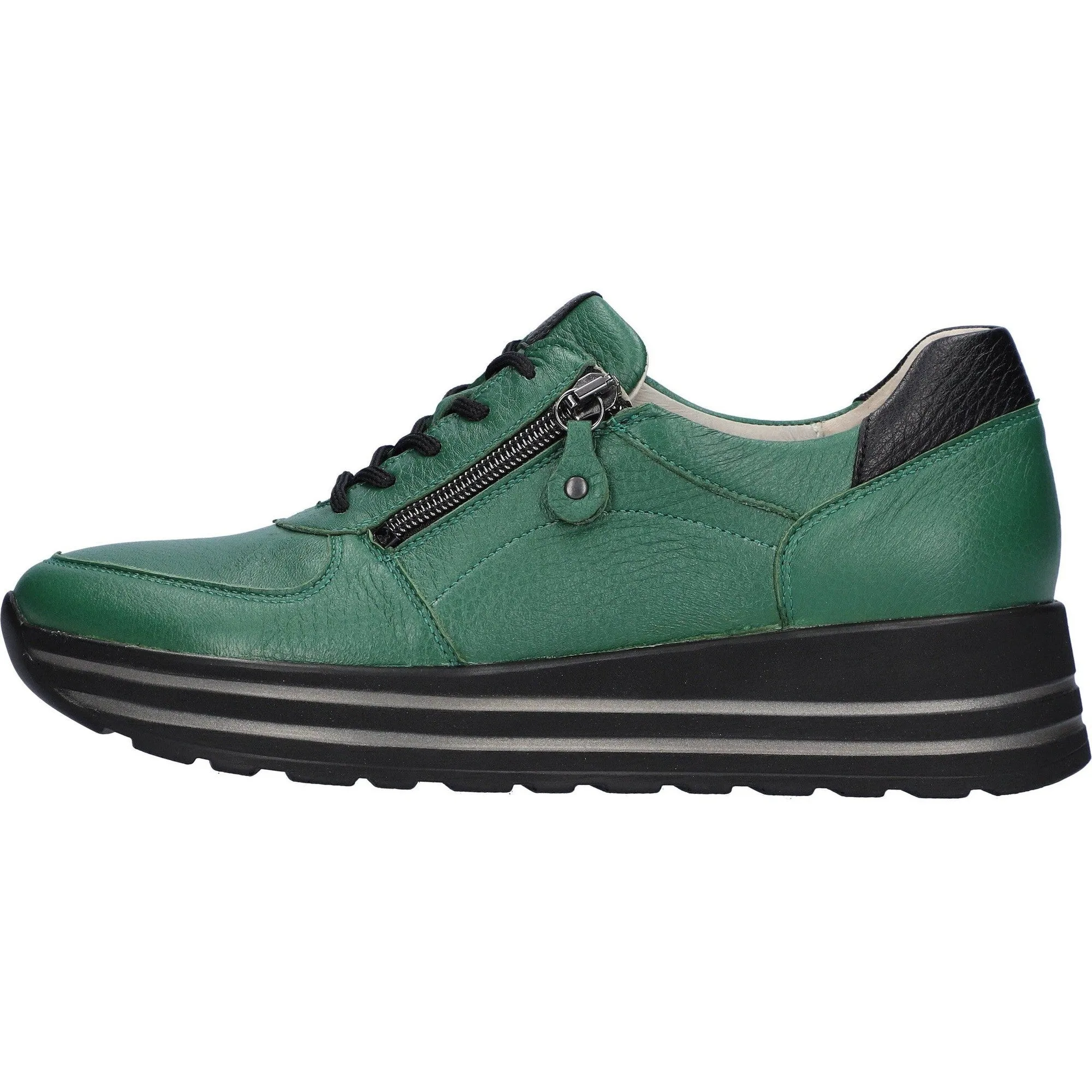 Waldlaufer 758009 299 229 H-Lana Ladies Green Leather Arch Support Zip & Lace Shoes