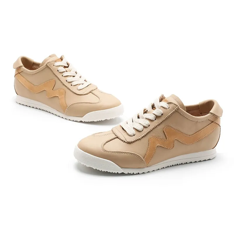 White Shoes for Women Army Trainer Leather Sneakers with M decoration - Beige/Pink/Apricot