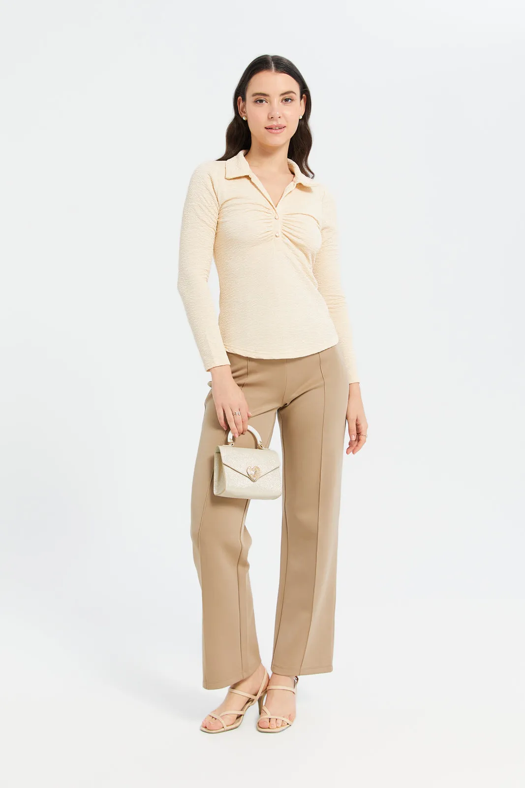 Women Beige Front Ruched Jacquard Jersey Top