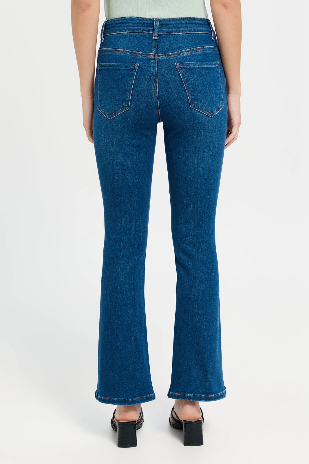 Women Blue Plain Mid Waist Flare Jeans