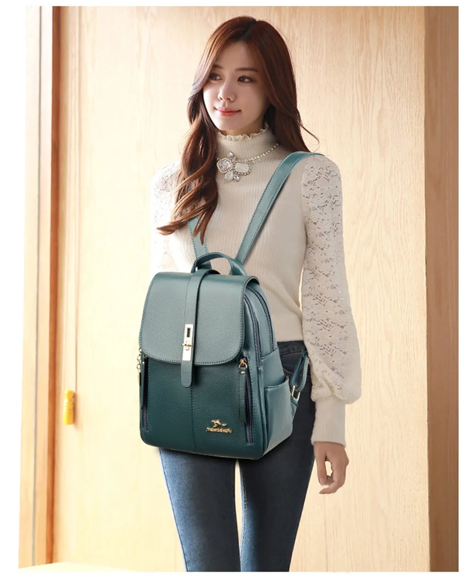 Women's Fashion Vintage Leather Multi-pocket Rucksack Travel Backpack