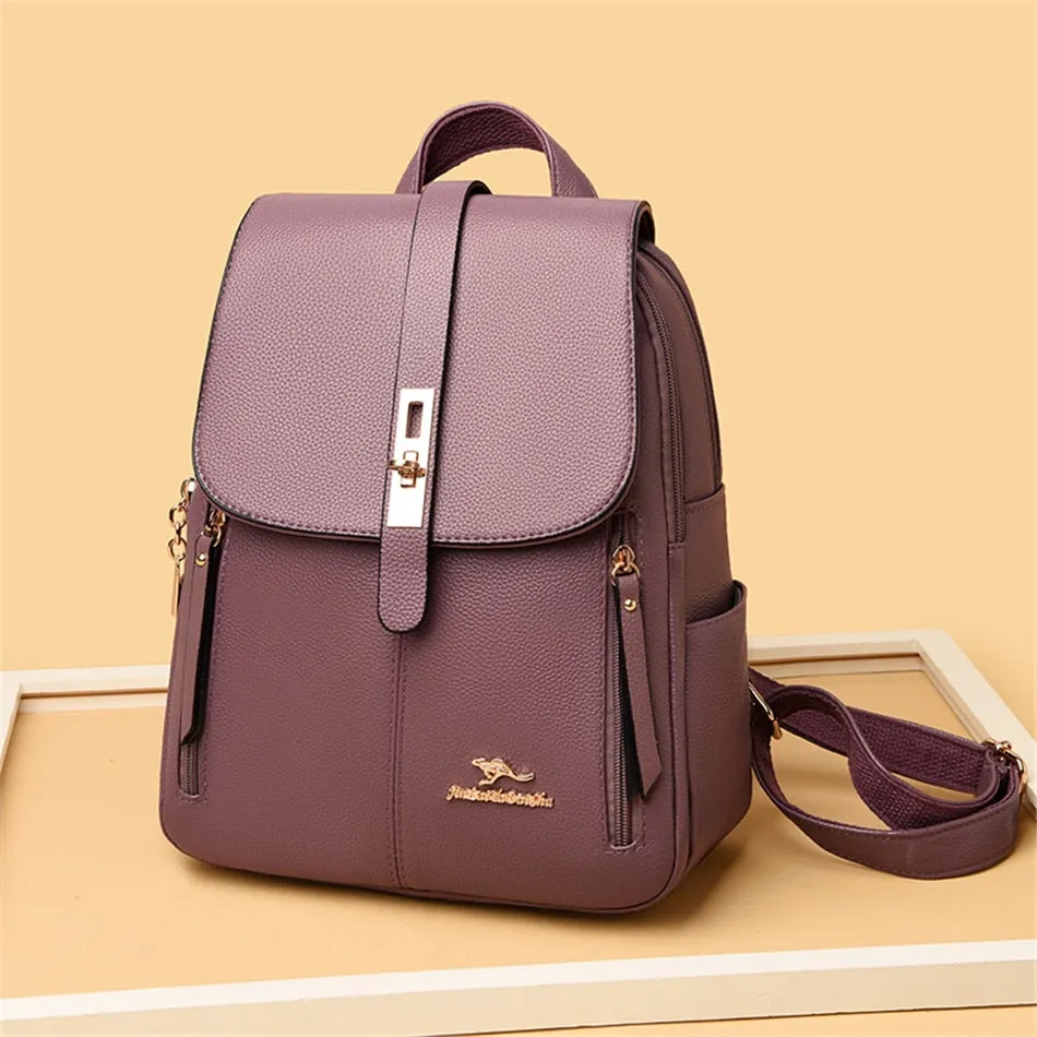 Women's Fashion Vintage Leather Multi-pocket Rucksack Travel Backpack