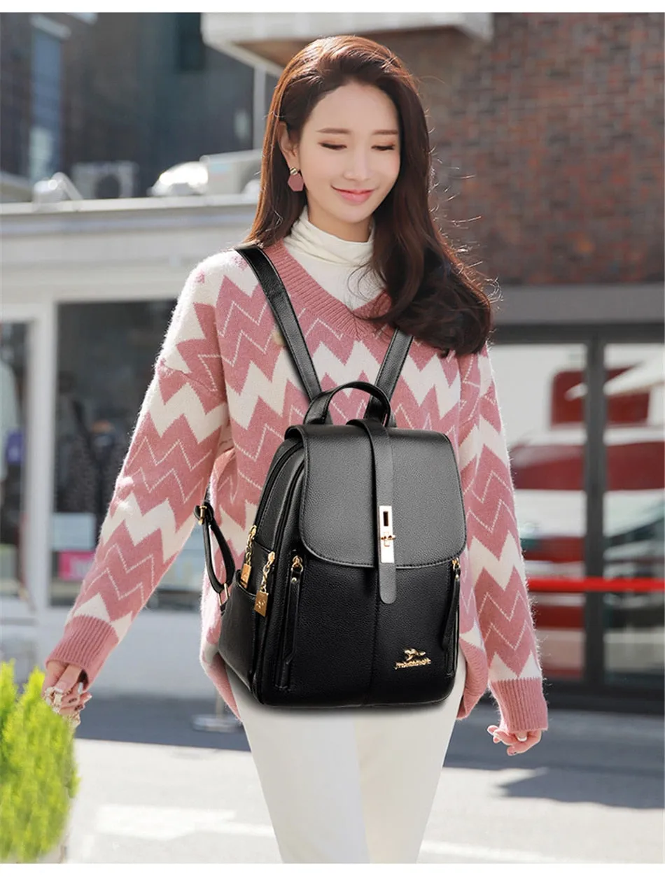 Women's Fashion Vintage Leather Multi-pocket Rucksack Travel Backpack