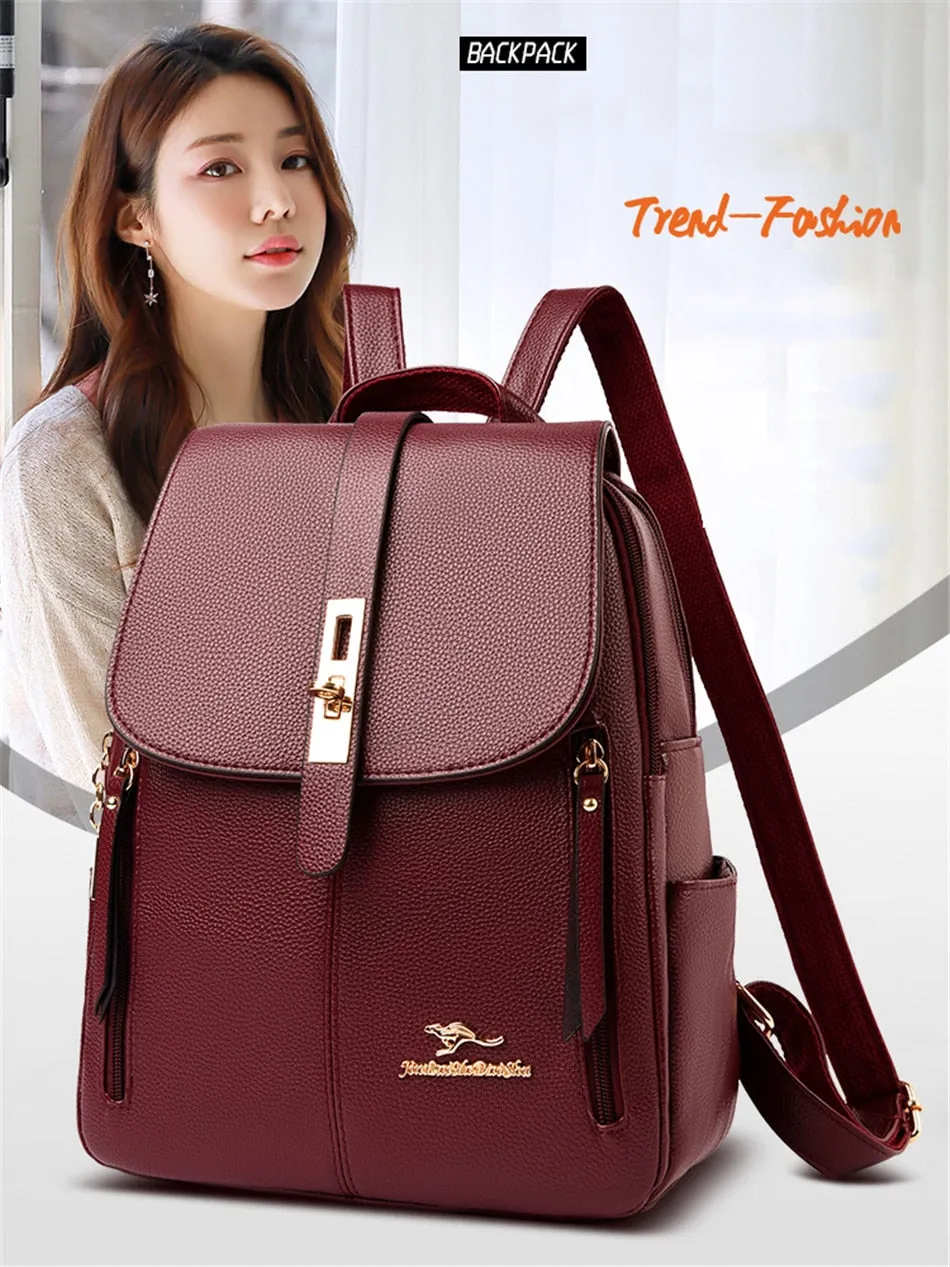 Women's Fashion Vintage Leather Multi-pocket Rucksack Travel Backpack