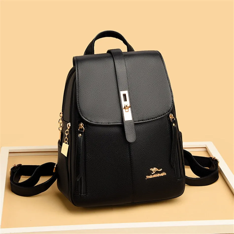 Women's Fashion Vintage Leather Multi-pocket Rucksack Travel Backpack