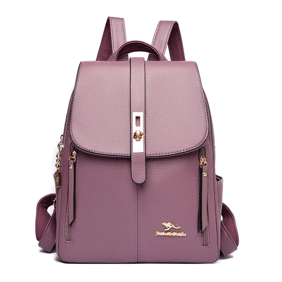 Women's Fashion Vintage Leather Multi-pocket Rucksack Travel Backpack