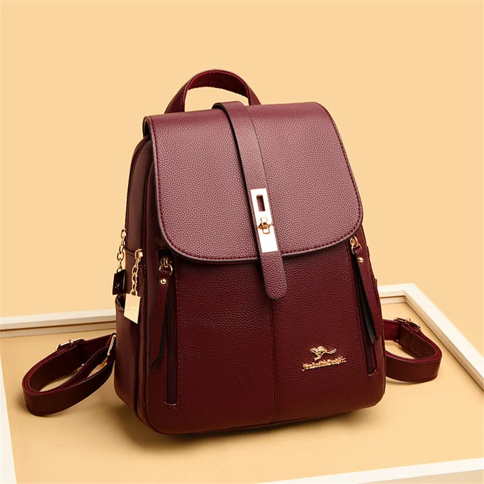 Women's Fashion Vintage Leather Multi-pocket Rucksack Travel Backpack