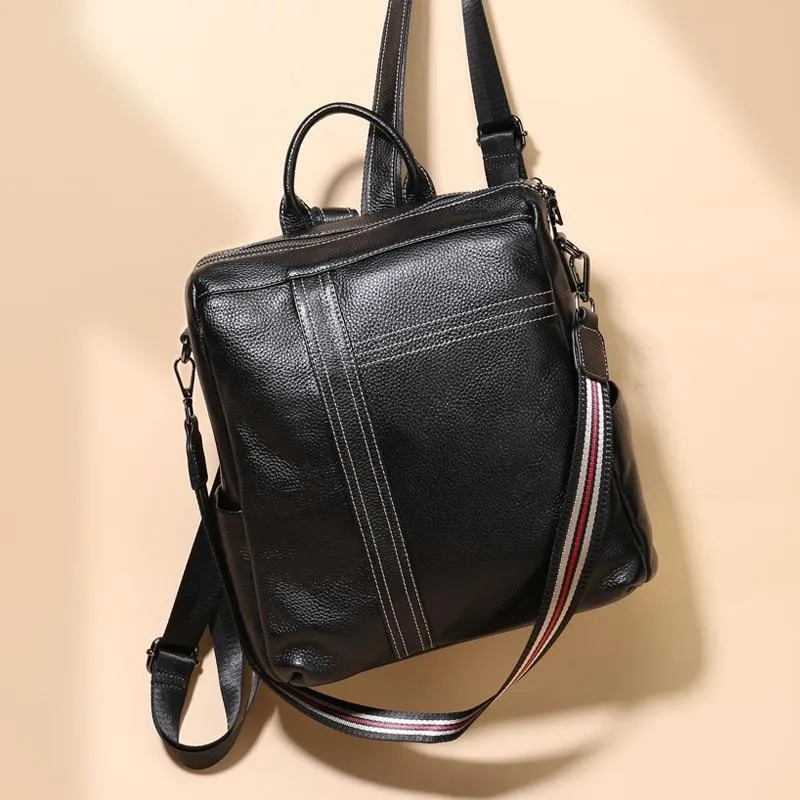 Women's Vintage Fashion Black Genuine Leather Shoulder Bag Backpack