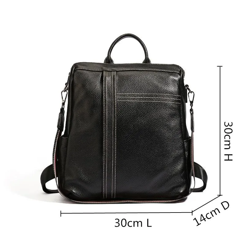 Women's Vintage Fashion Black Genuine Leather Shoulder Bag Backpack