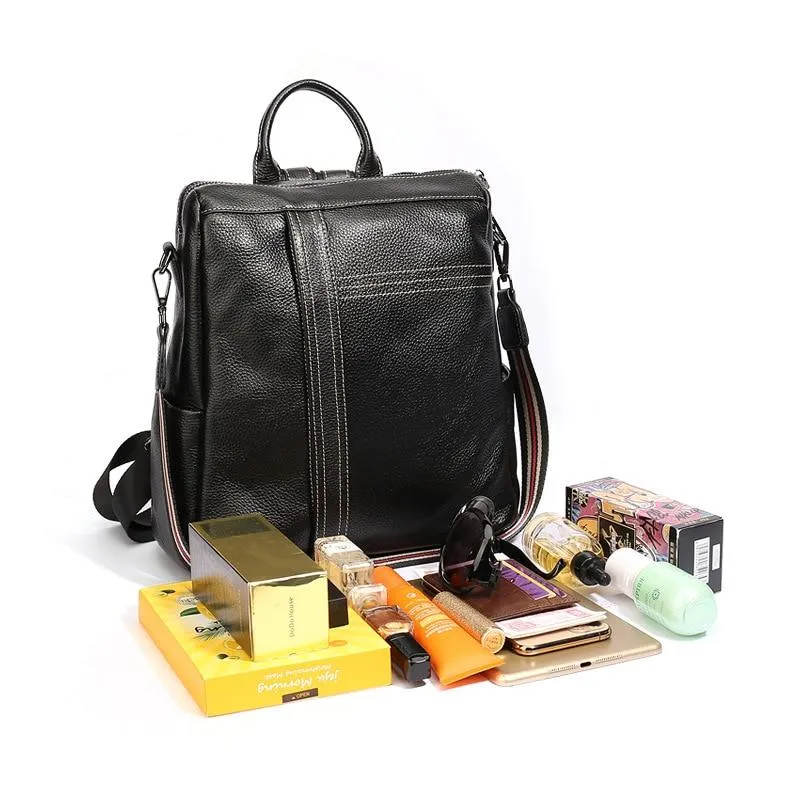 Women's Vintage Fashion Black Genuine Leather Shoulder Bag Backpack